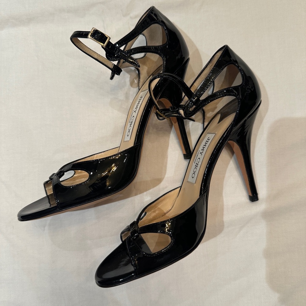 Jimmy Choo Octo Glossy Kid Black Heeled Sandals - NEVER WORN